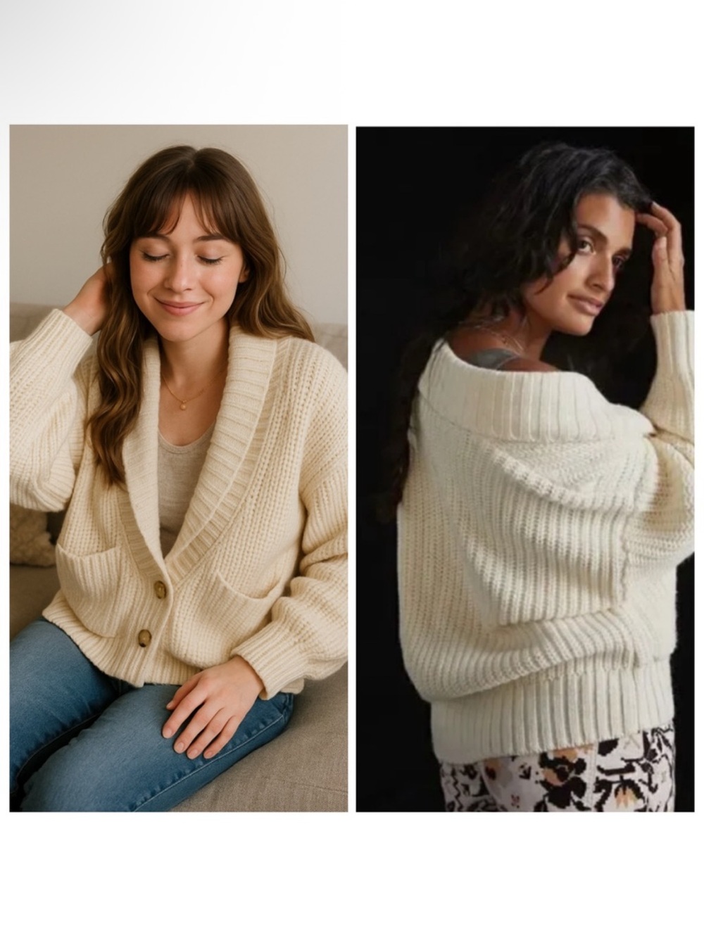 Anthropologie Deep V Cardigan Ivory Chunky Knit Wool Sweater Oversized Boho XS